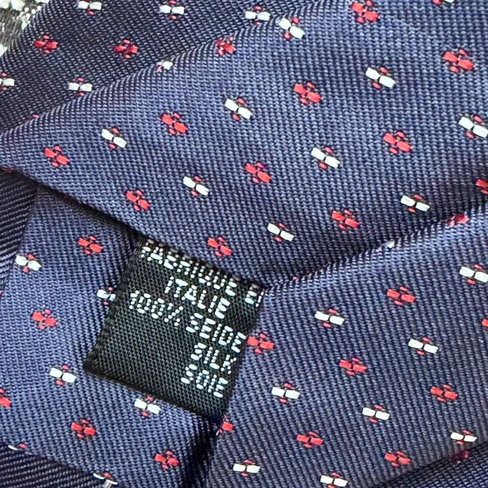 Vintage Tiffany & Co Silk Jacquard Tie Italy Navy Red White Geometric Foulard